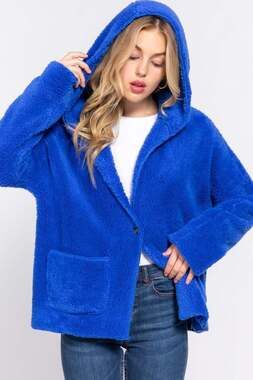 Cobalt Long Dolman Sleeve Hoodie Teddy Fur Fleece Jacket